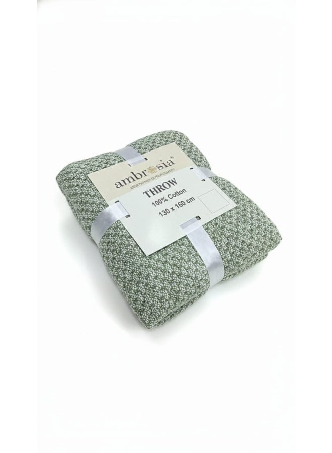 Ambrosia 130 x 160 cm Cotton Knitted Throw Sage Green Blanket 400GSM Soft Decorative Sofa Cover Bed Runner Boho - Image 1